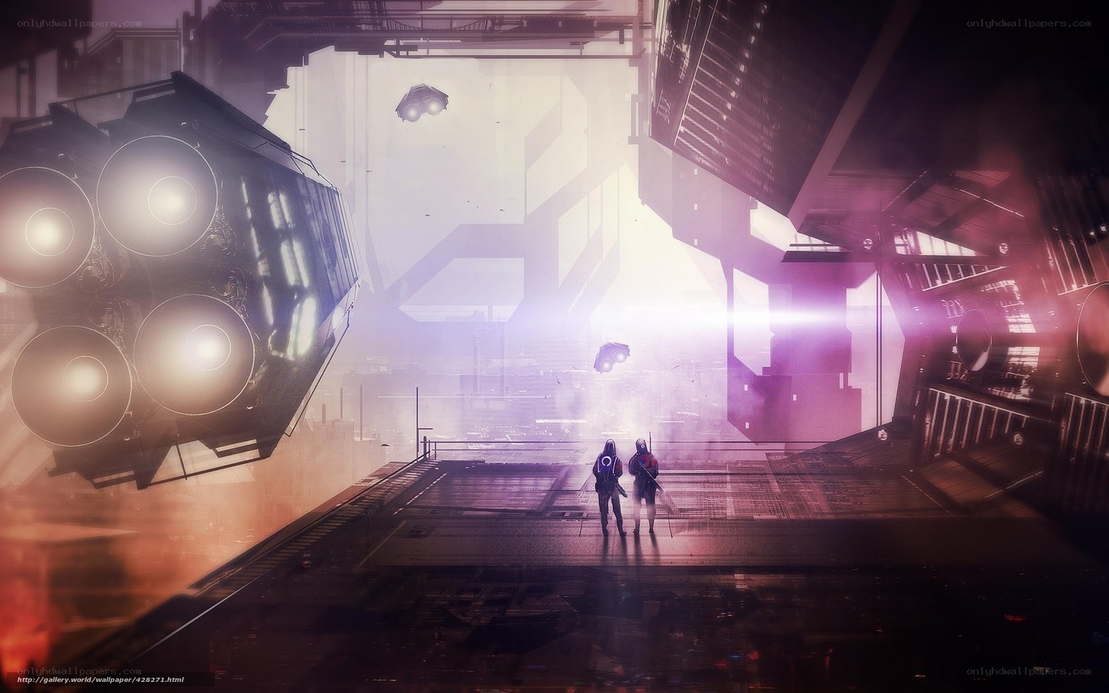 Futuristic cityscape with figures