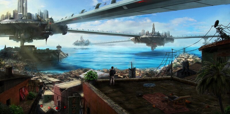 futuristic cityscape with floating platforms