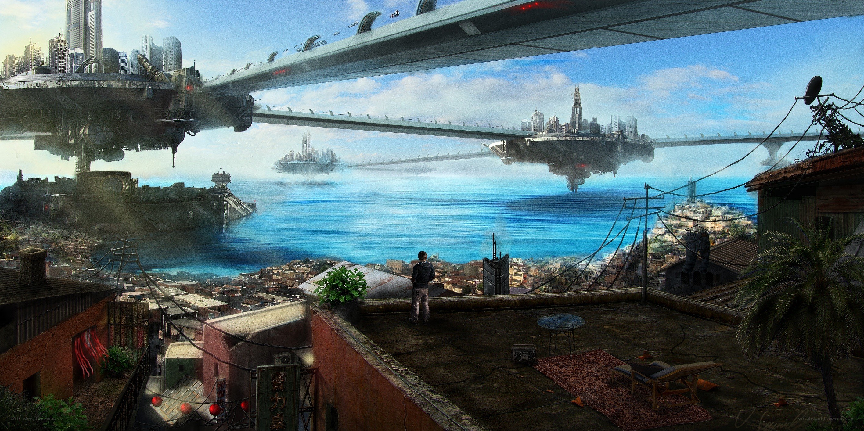 futuristic cityscape with floating platforms