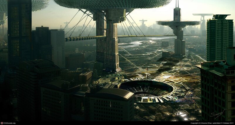 futuristic cityscape with floating structures
