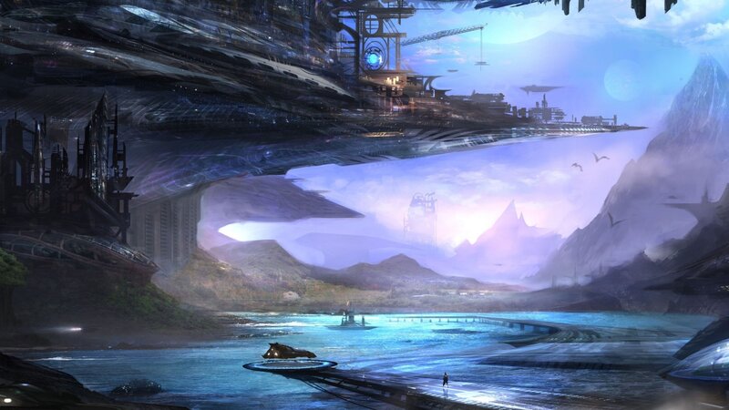 futuristic cityscape with floating structures