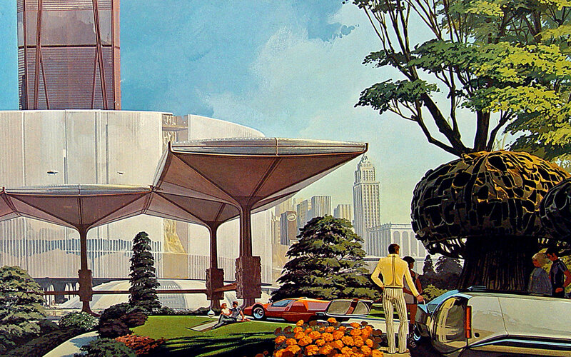 Futuristic cityscape with flying cars