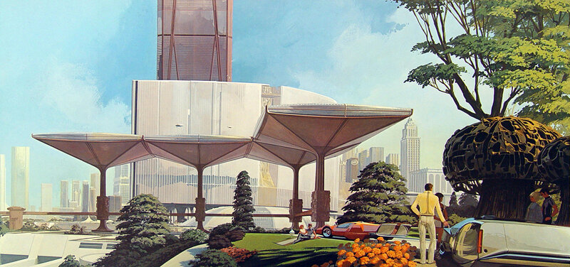 futuristic cityscape with flying cars