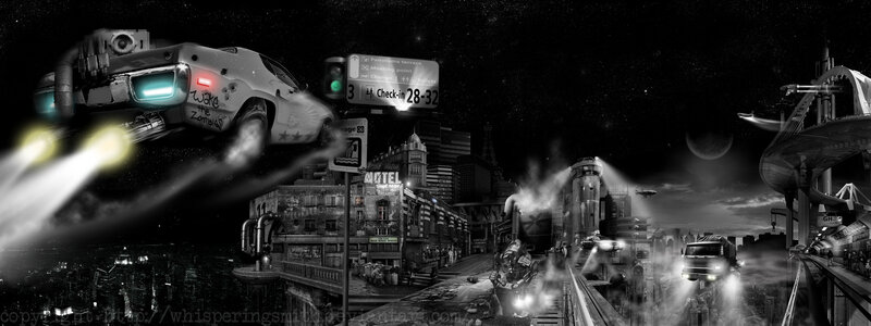 futuristic cityscape with flying cars