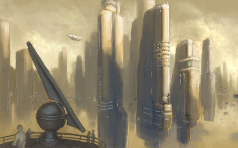 futuristic cityscape with flying craft