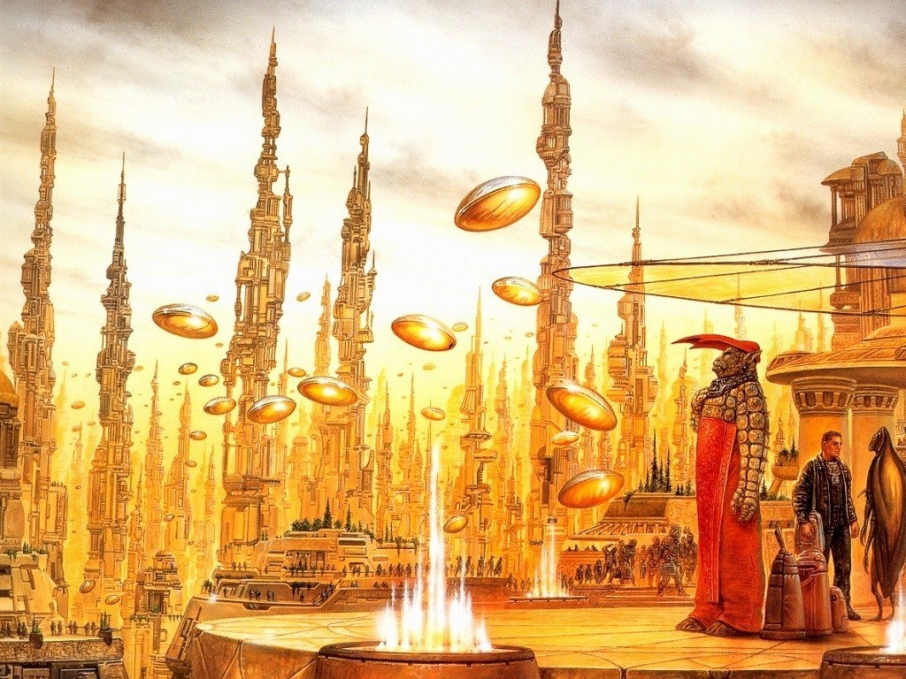 futuristic cityscape with flying orbs