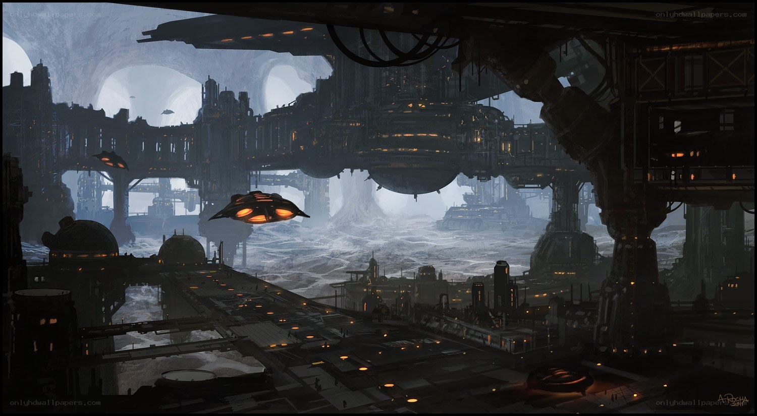 futuristic cityscape with flying ships