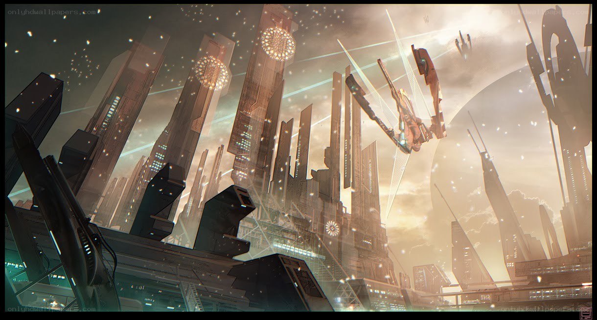 futuristic cityscape with flying ships