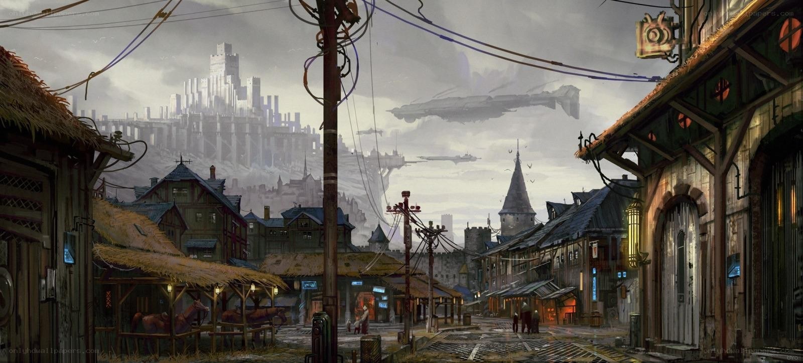 Futuristic cityscape with flying ships