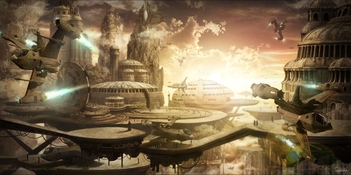 futuristic cityscape with flying ships