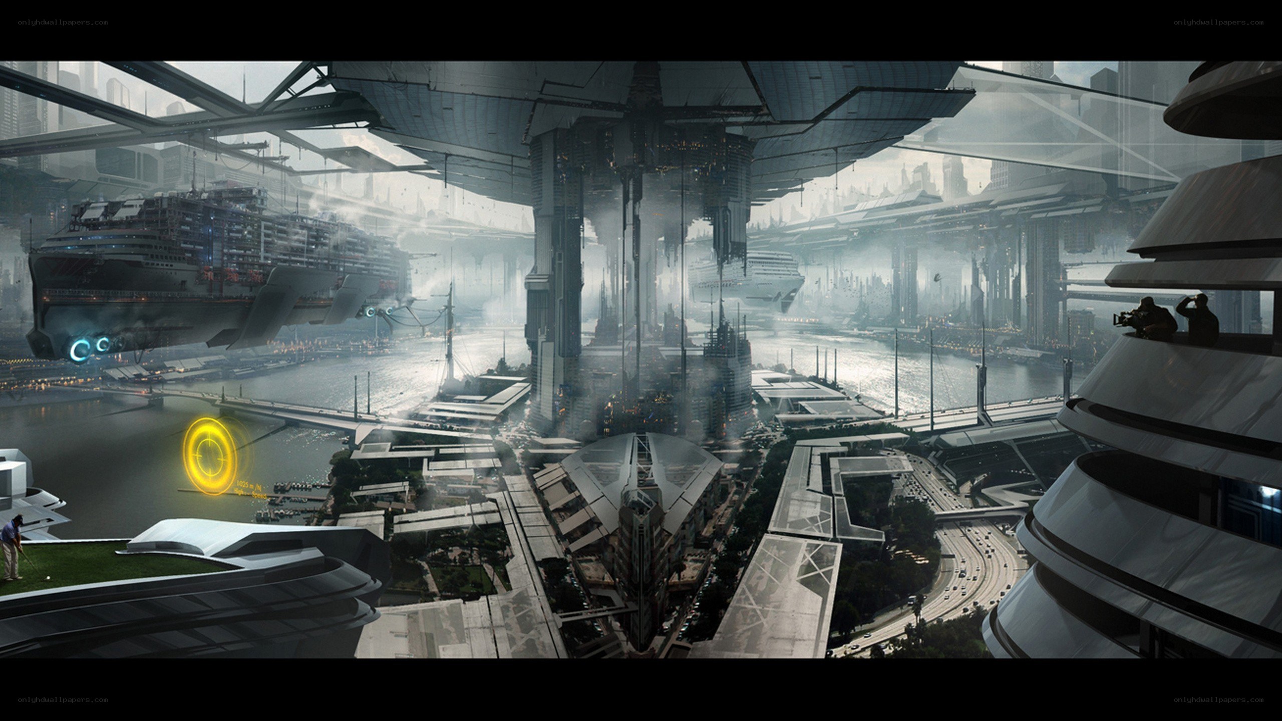 futuristic cityscape with flying ships