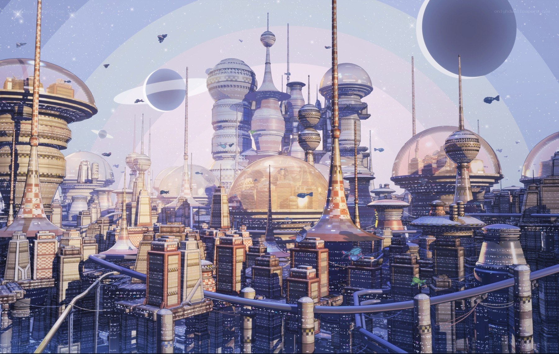 futuristic cityscape with flying ships