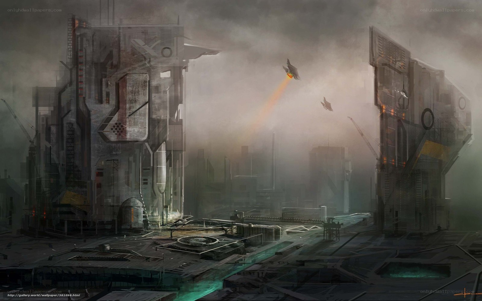 futuristic cityscape with flying ships