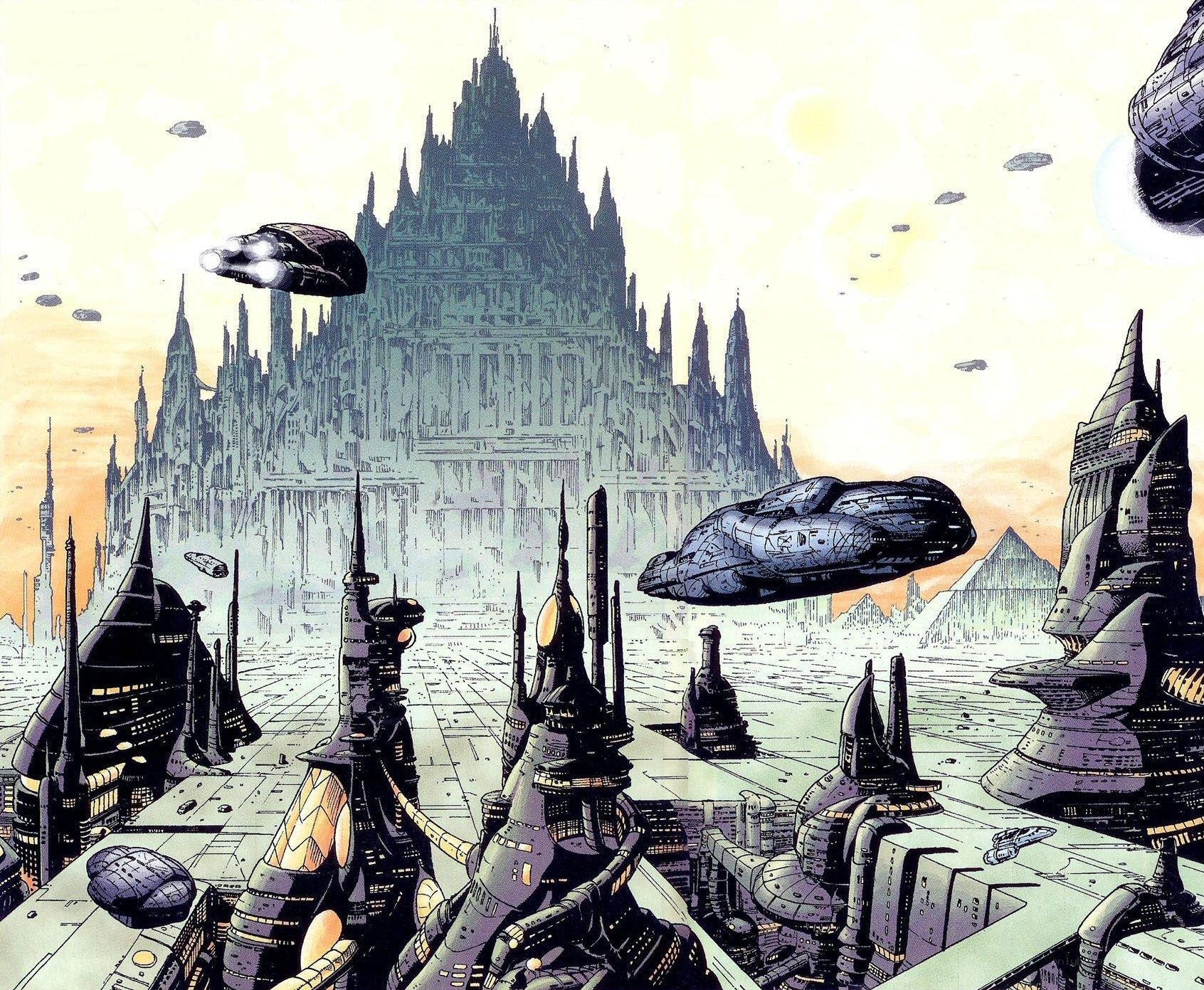 futuristic cityscape with flying ships