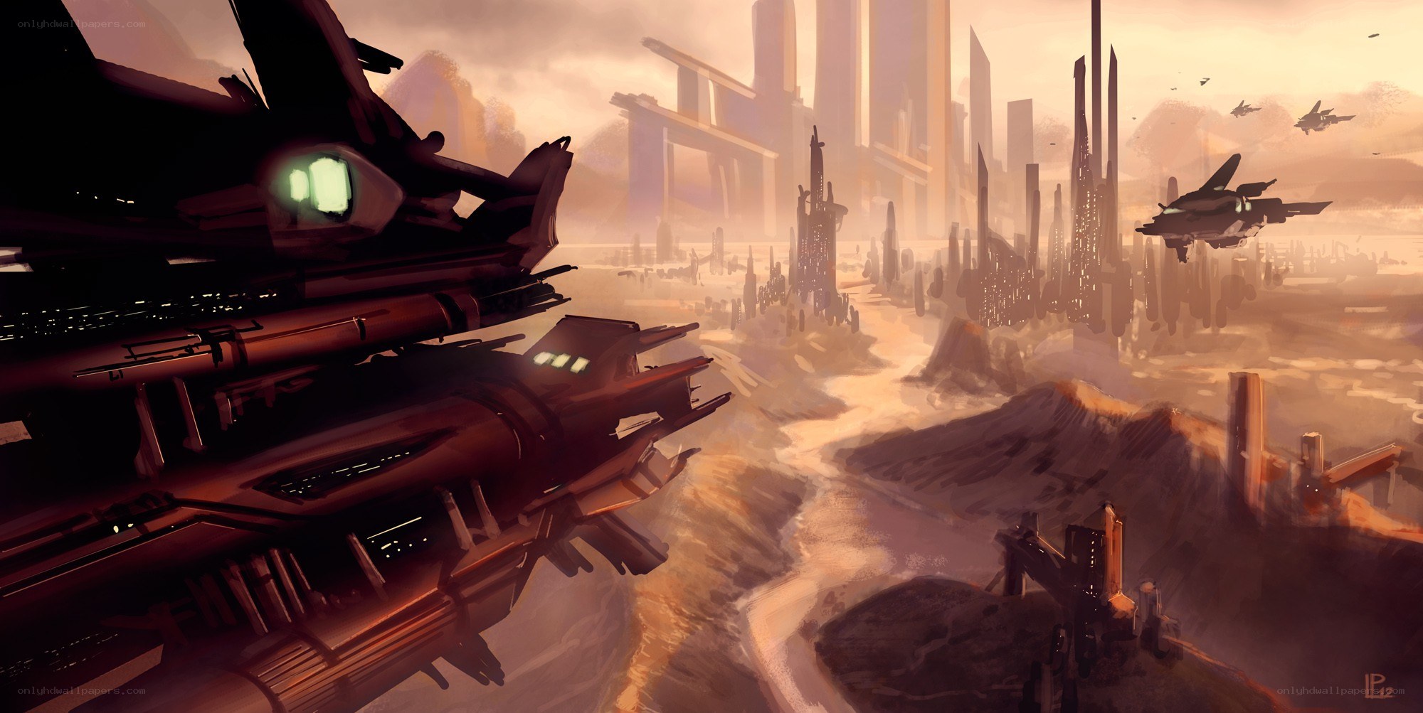 futuristic cityscape with flying ships