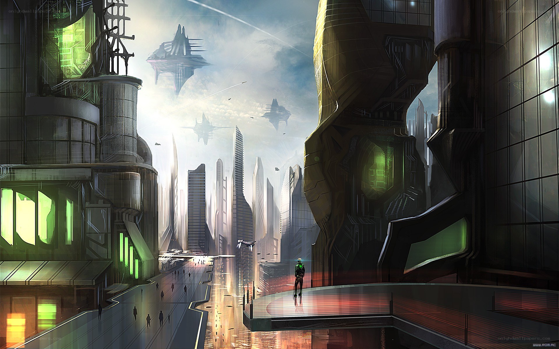 futuristic cityscape with flying ships