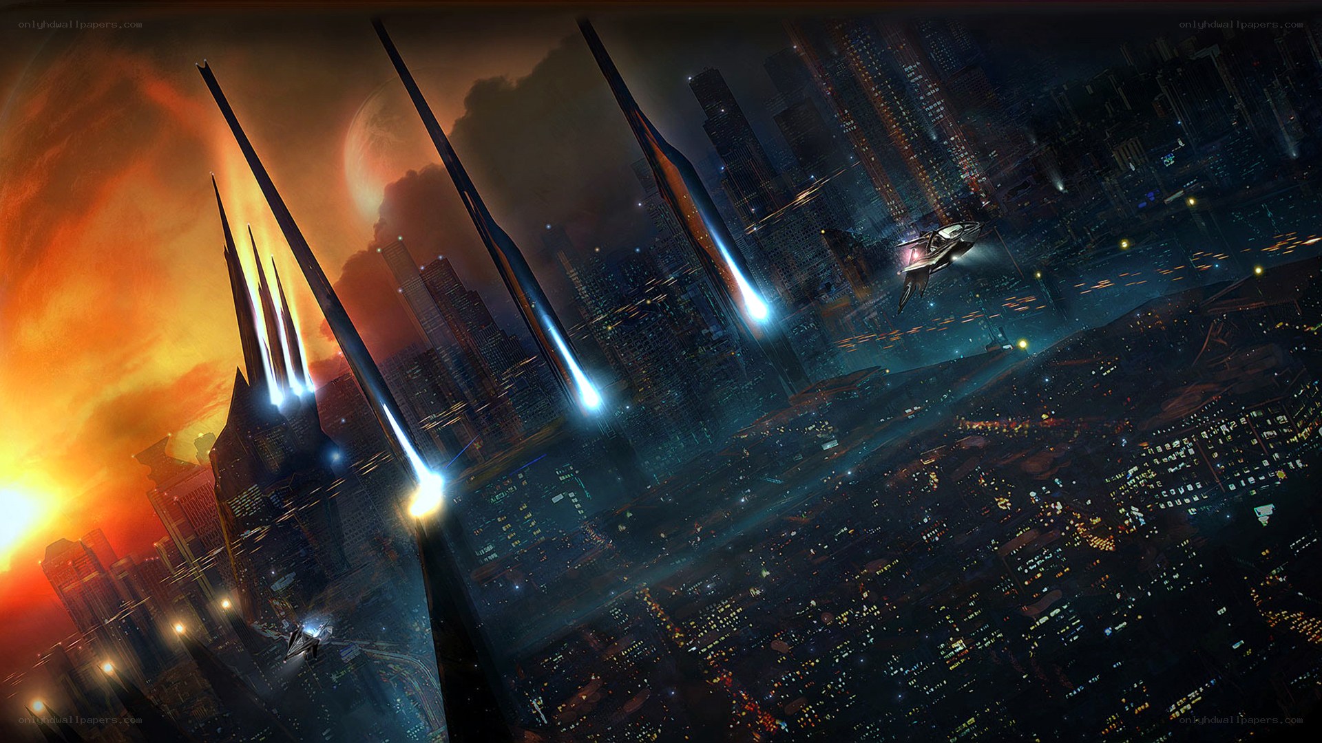 Futuristic cityscape with flying ships