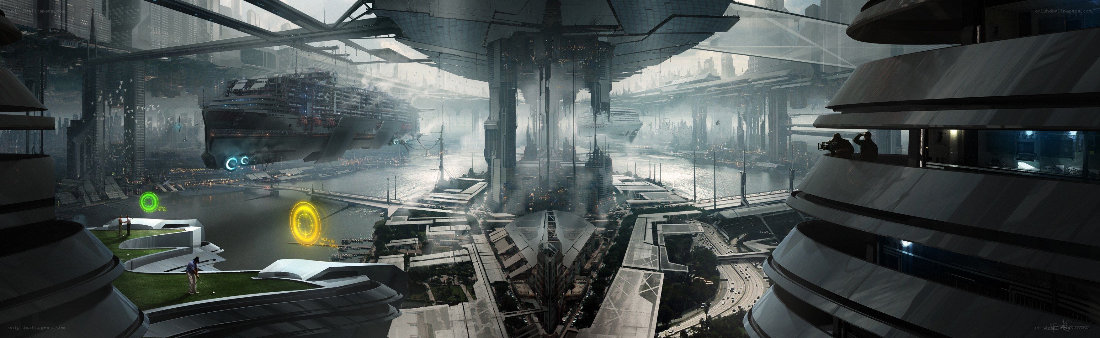 futuristic cityscape with flying ships