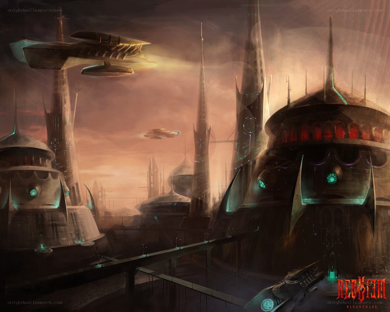 futuristic cityscape with flying ships