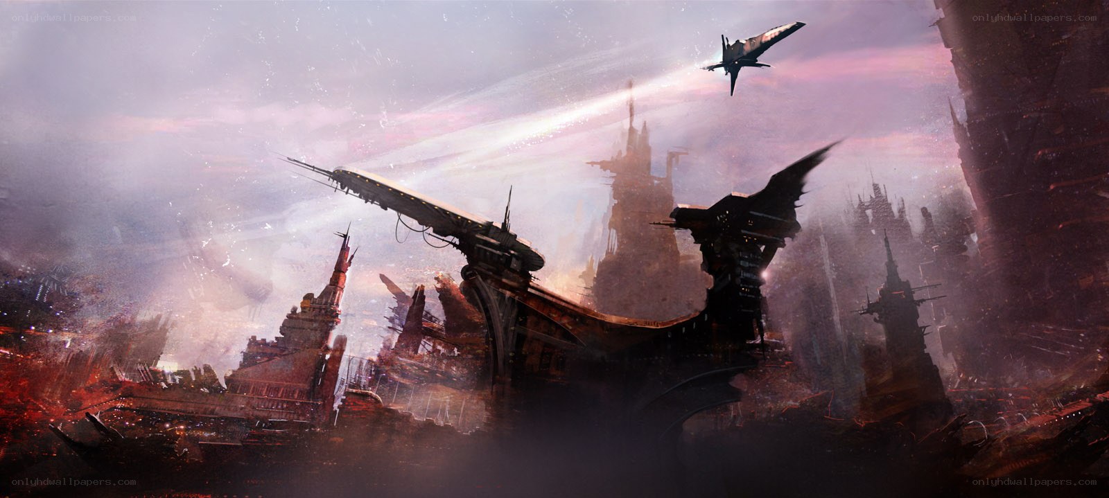 futuristic cityscape with flying ships