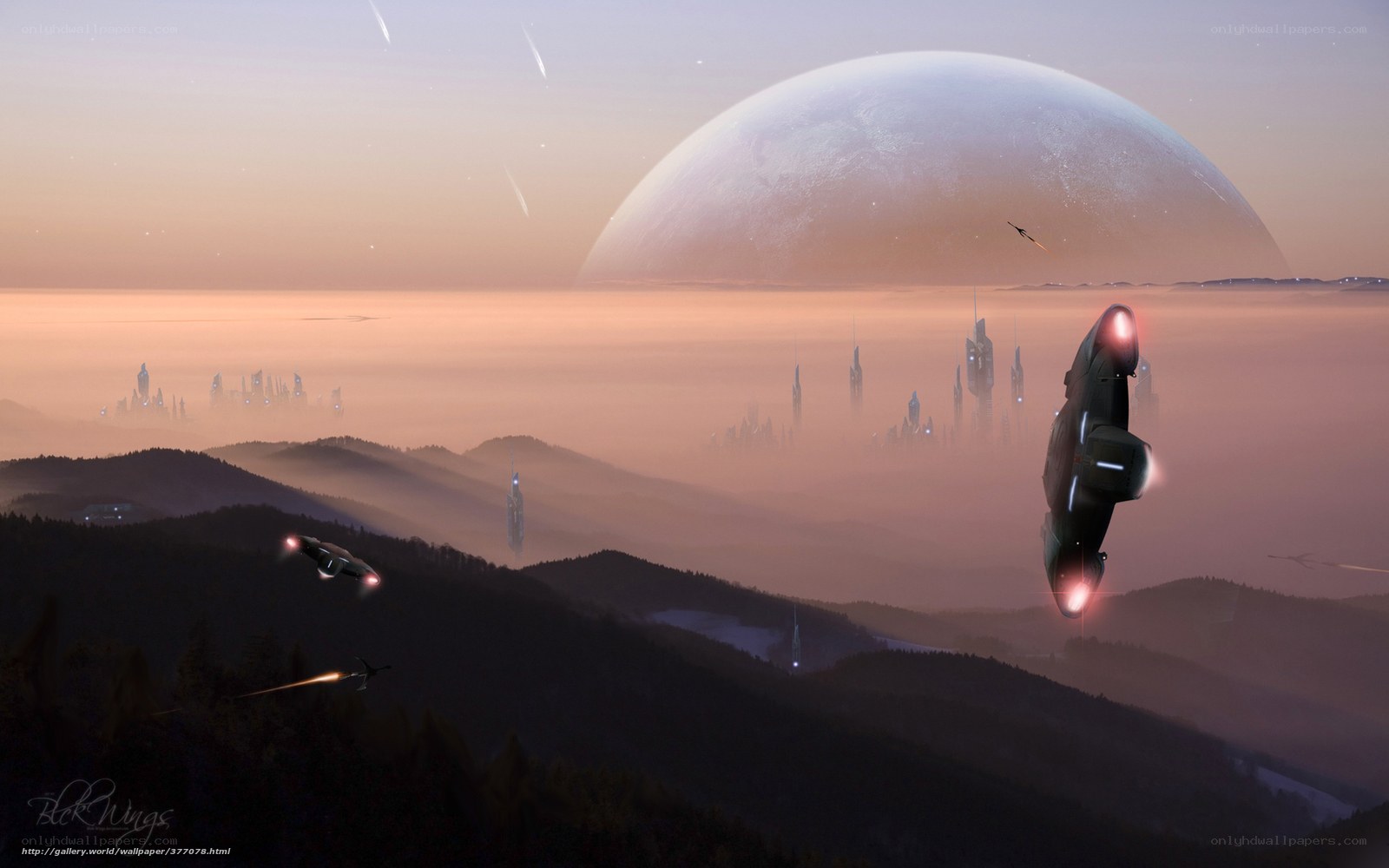 Futuristic cityscape with flying ships