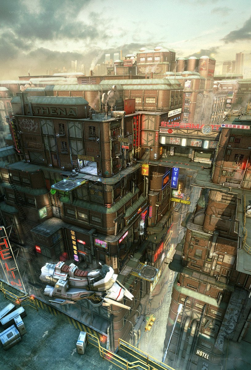 futuristic cityscape with flying vehicle