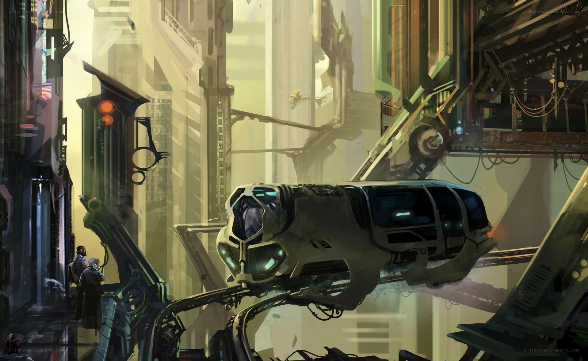 futuristic cityscape with flying vehicle