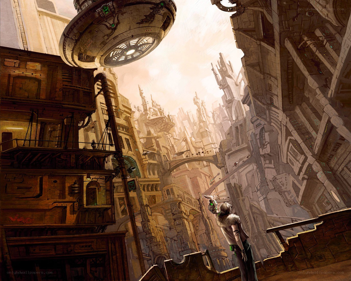 futuristic cityscape with flying vehicle