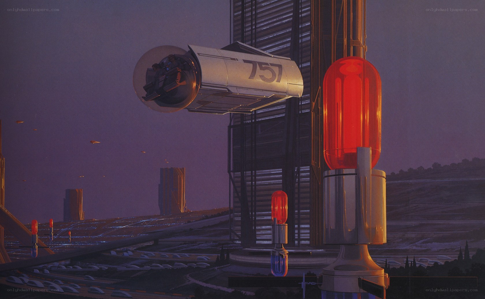 Futuristic cityscape with flying vehicle