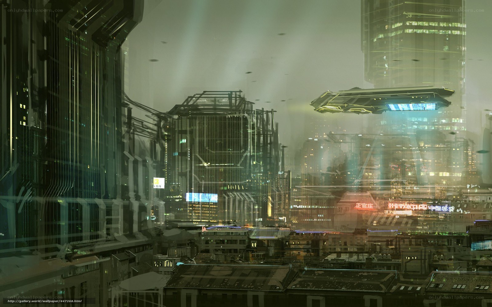 futuristic cityscape with flying vehicles