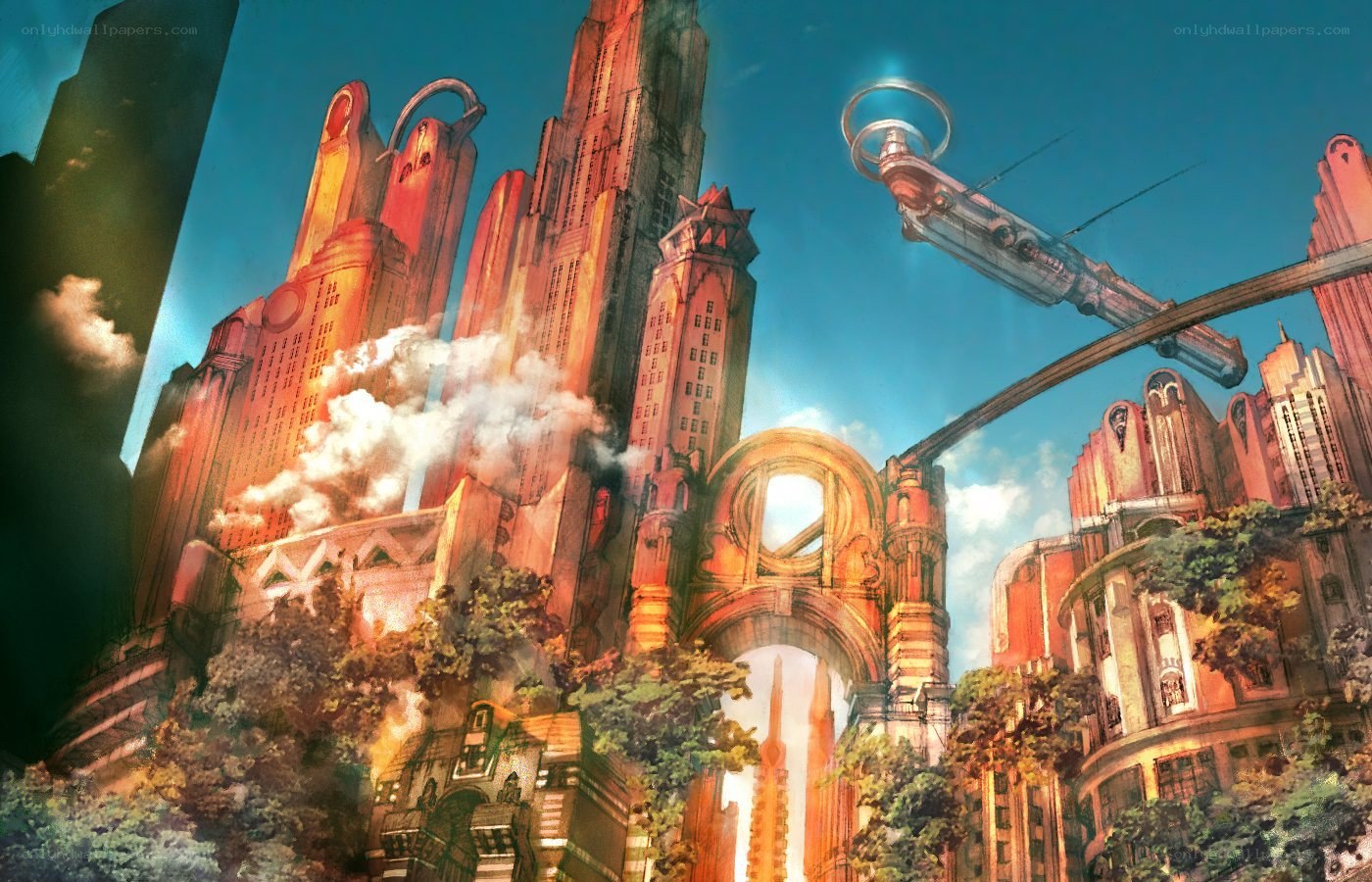 futuristic cityscape with flying vehicles