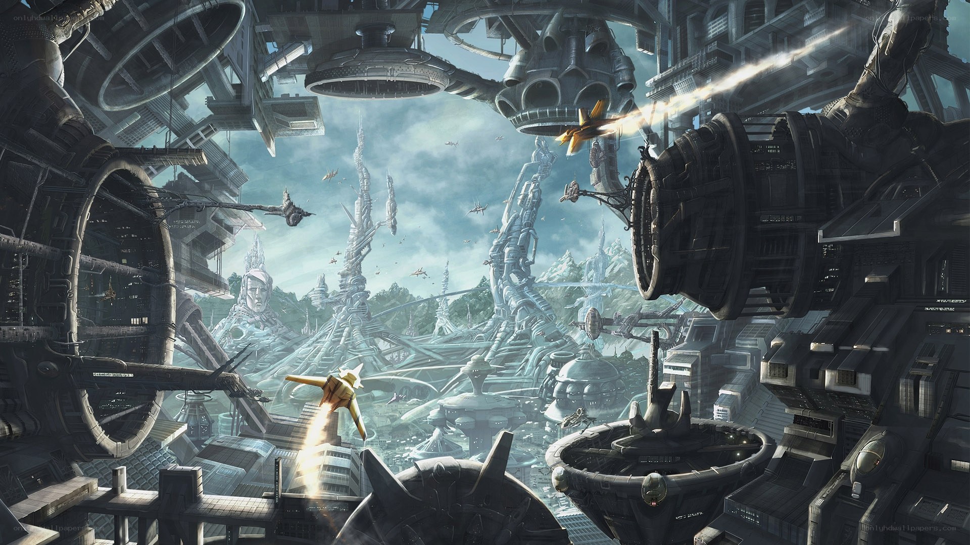 futuristic cityscape with flying vehicles
