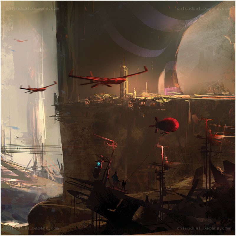 Futuristic cityscape with flying vehicles