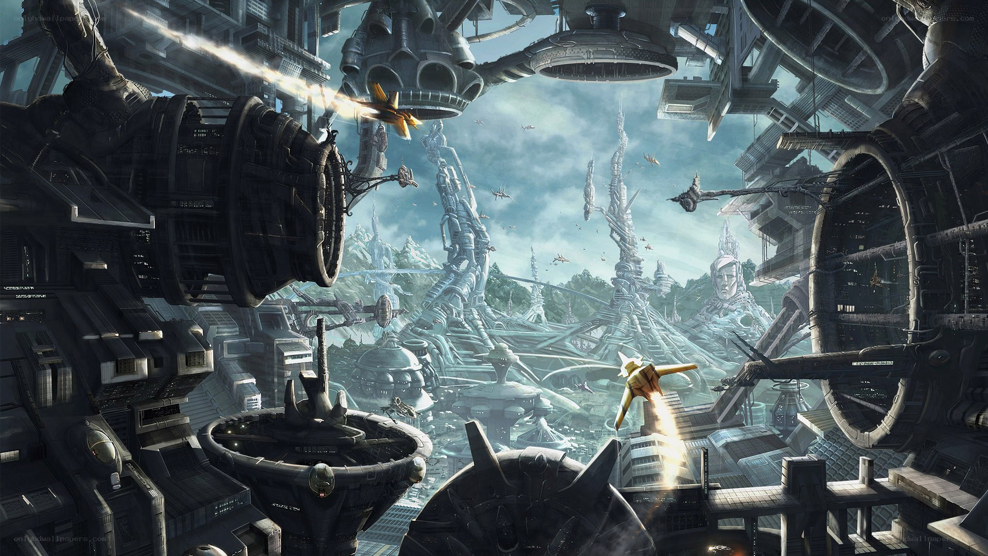 futuristic cityscape with flying vehicles