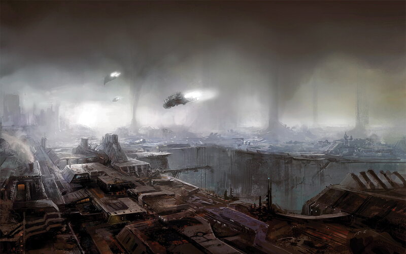 futuristic cityscape with flying vehicles