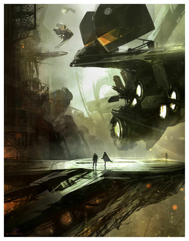 Futuristic cityscape with flying vehicles