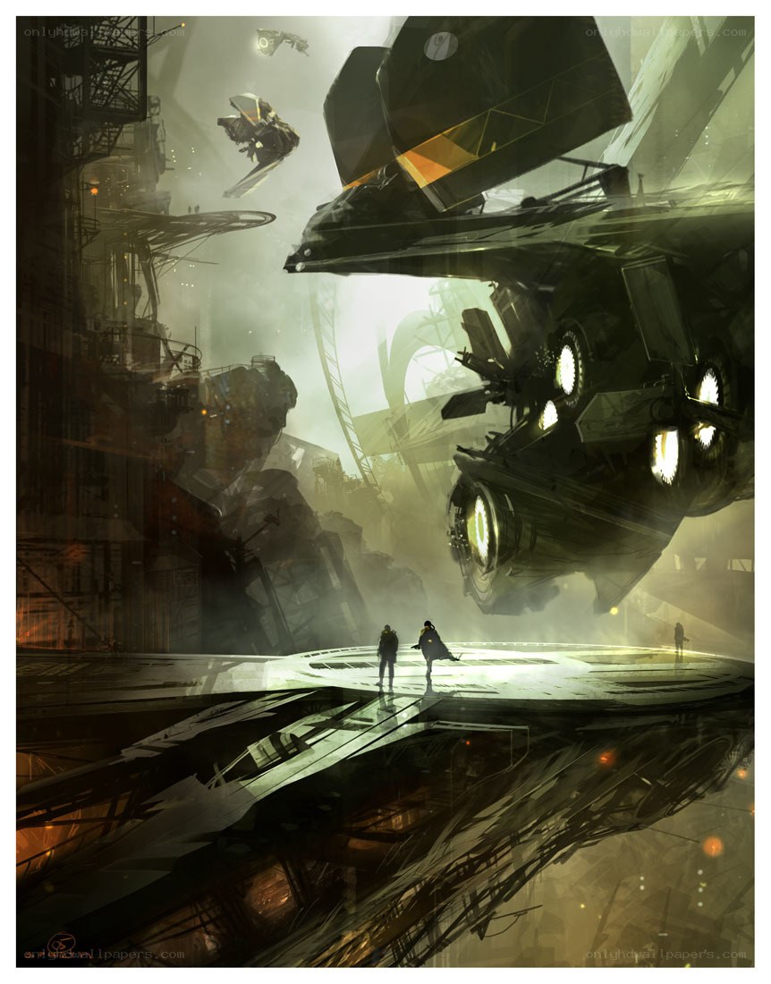 Futuristic cityscape with flying vehicles