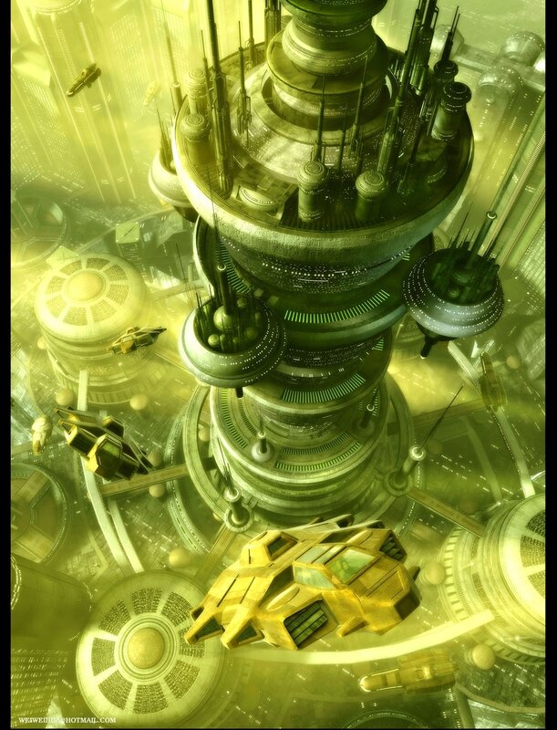 futuristic cityscape with flying vehicles