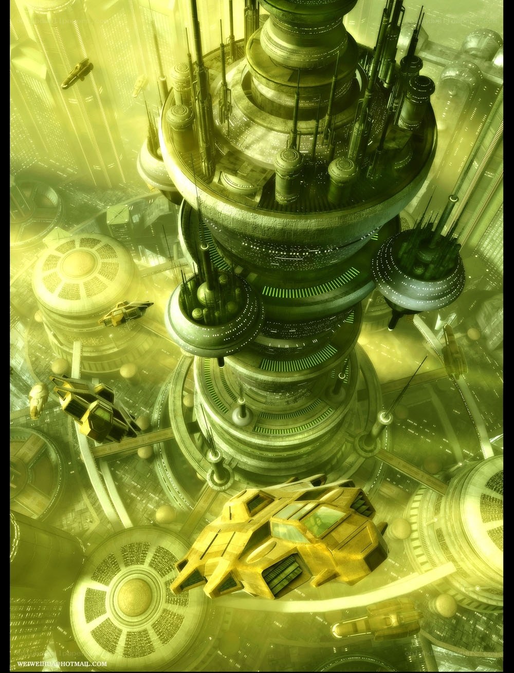futuristic cityscape with flying vehicles