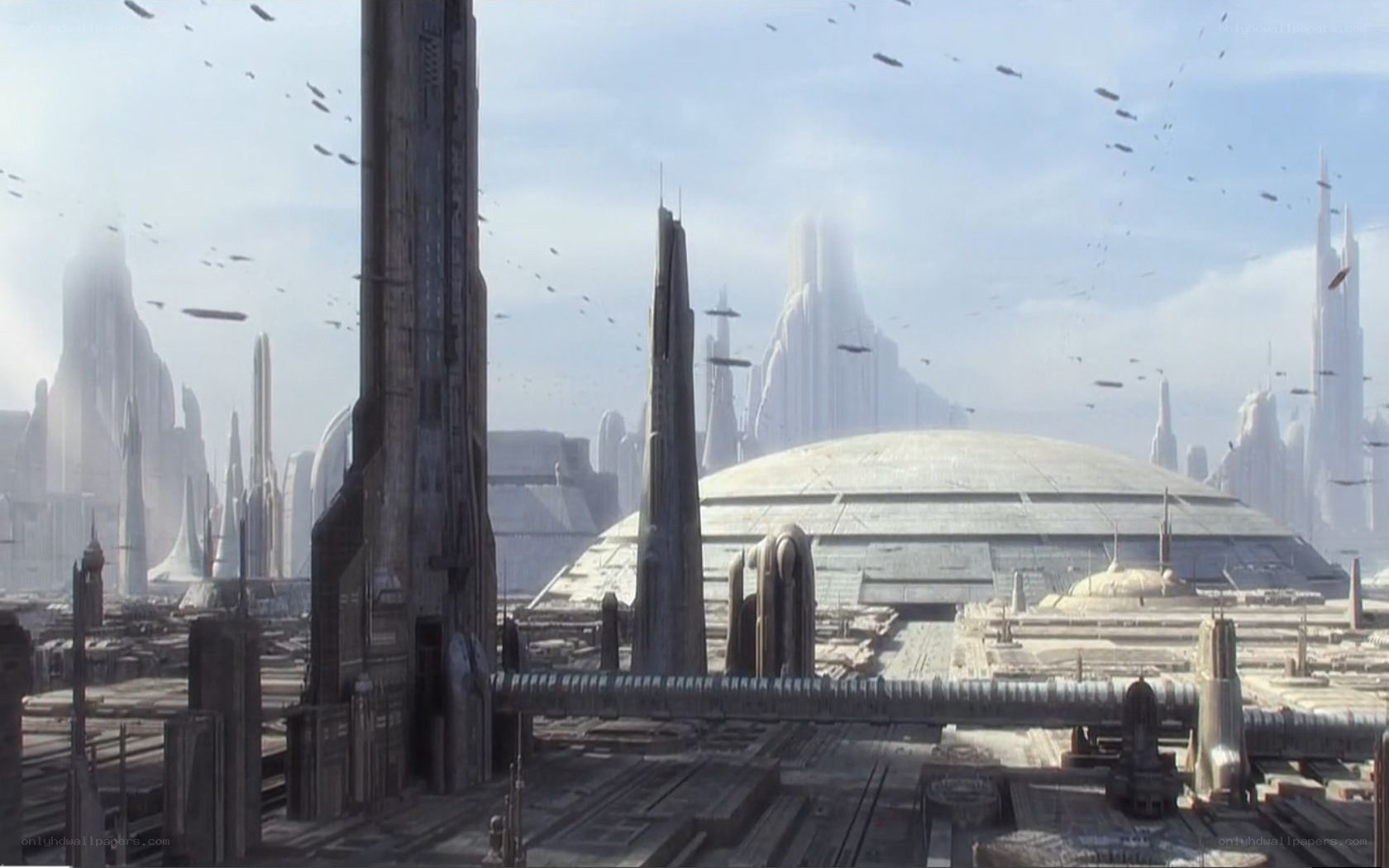 futuristic cityscape with flying vehicles