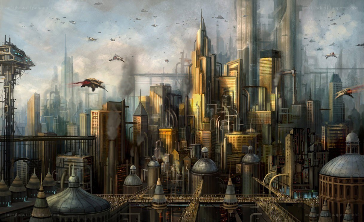 futuristic cityscape with flying vehicles