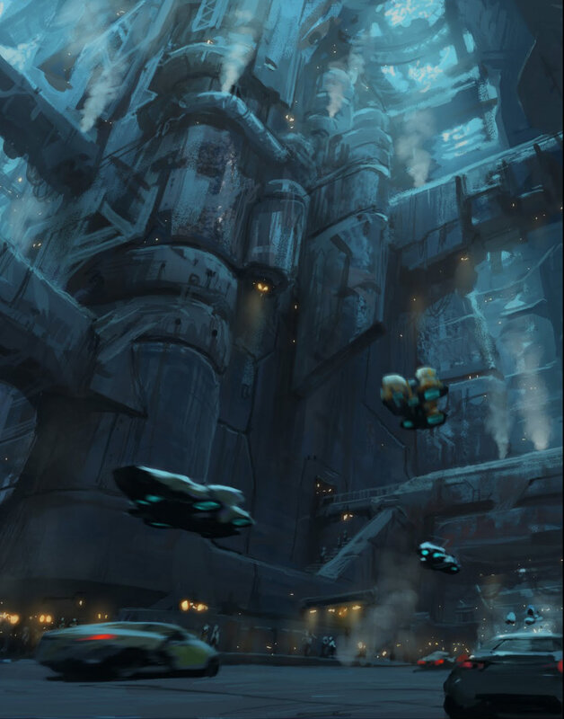 futuristic cityscape with flying vehicles
