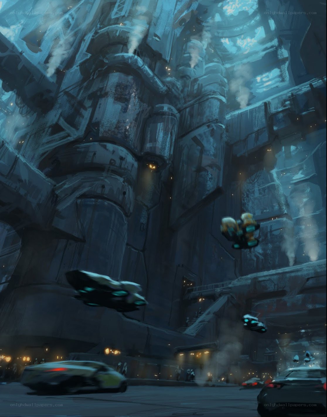 futuristic cityscape with flying vehicles