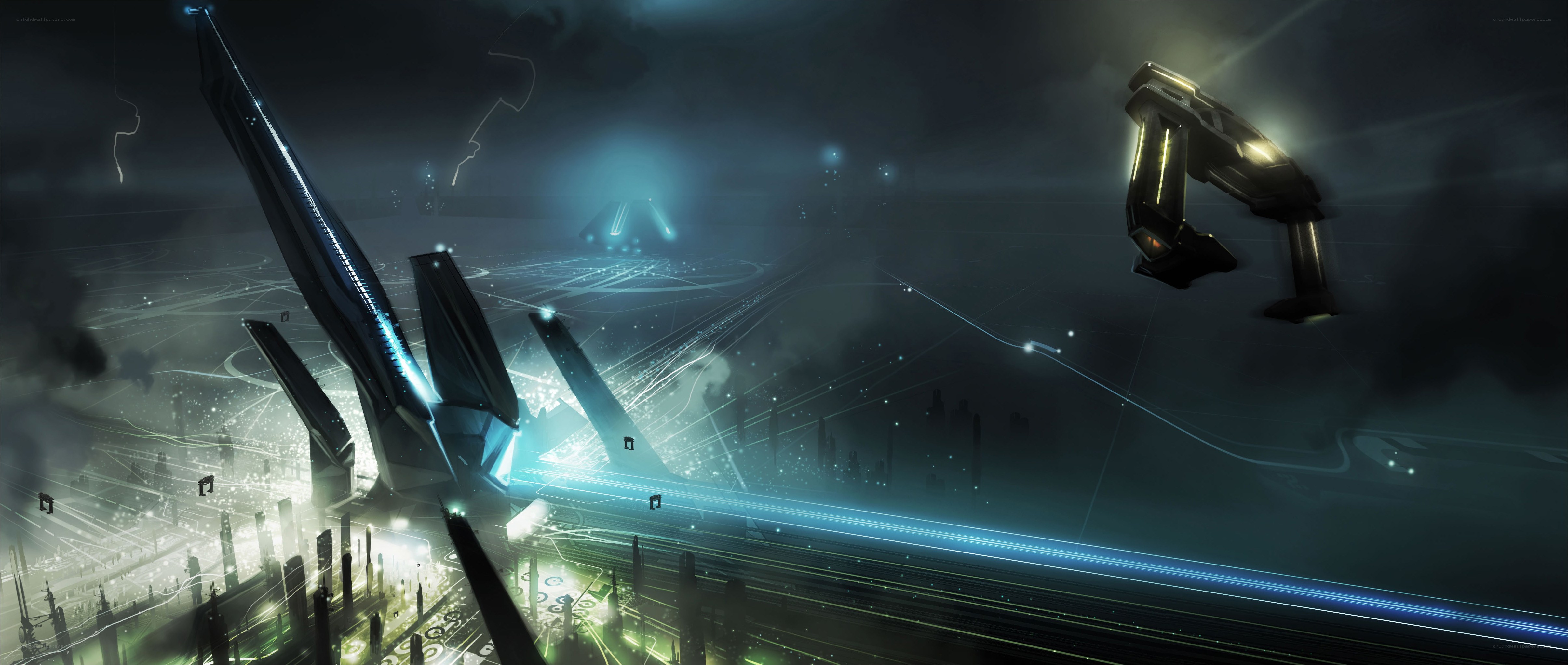 futuristic cityscape with flying vehicles