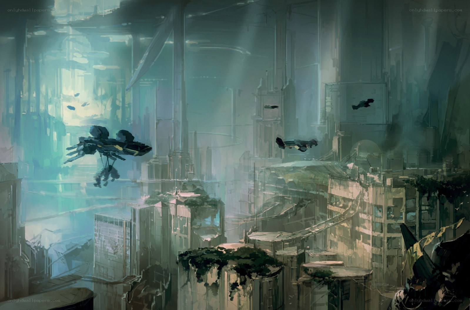 futuristic cityscape with flying vehicles