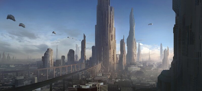futuristic cityscape with flying vehicles