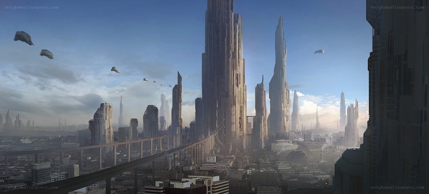 futuristic cityscape with flying vehicles