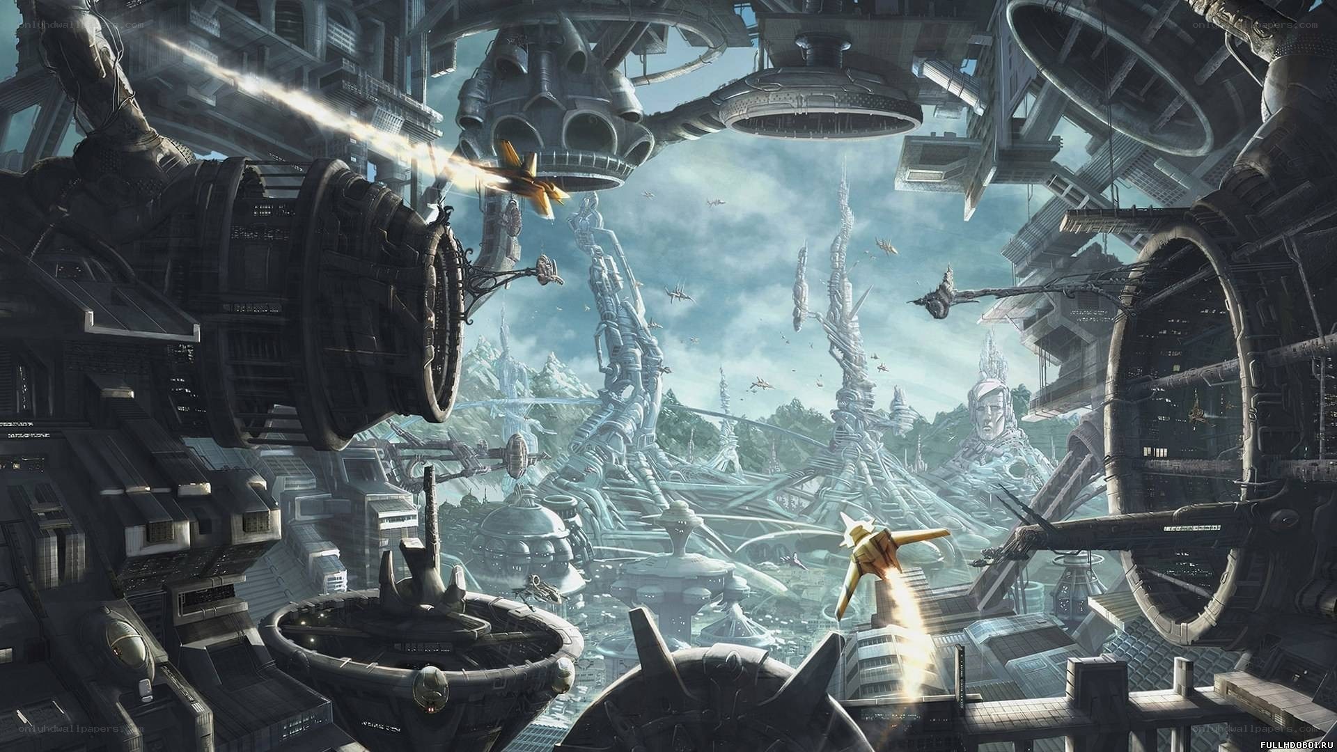 futuristic cityscape with flying vehicles