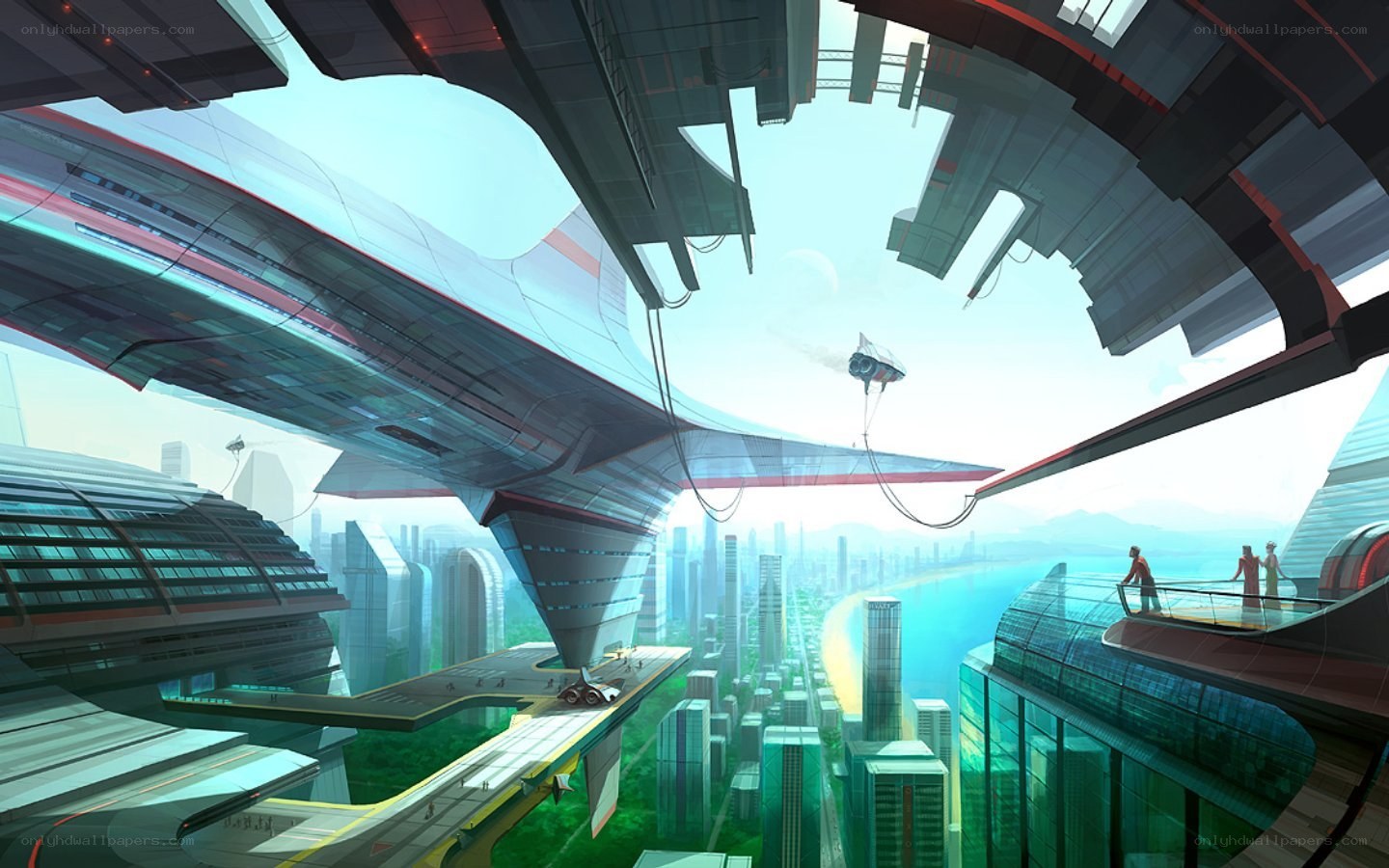 futuristic cityscape with flying vehicles