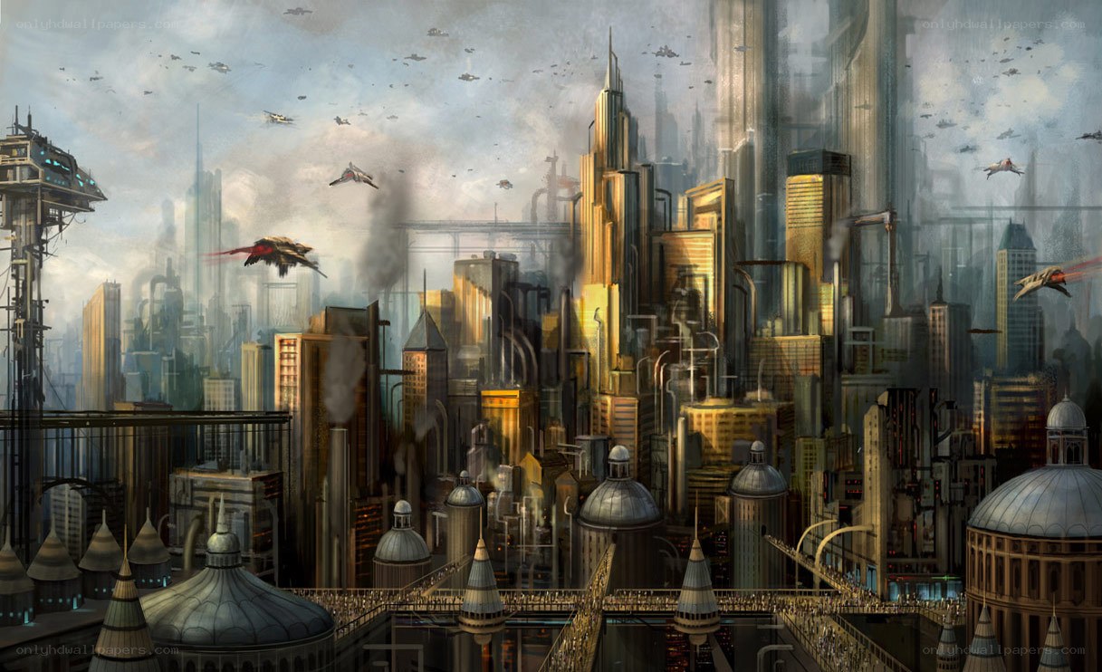 futuristic cityscape with flying vehicles